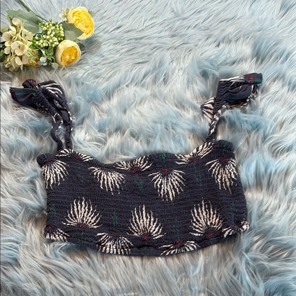 Lulus Trancoso Dusty Blue Floral Print Smocked Bandeau Top sz S